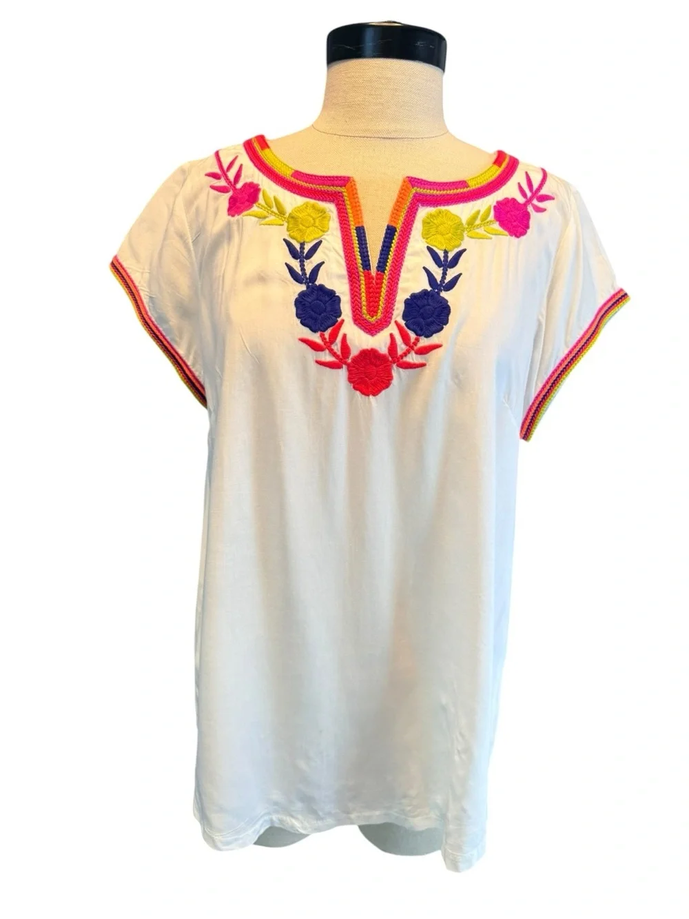 Solitaire Embroidered Mexican Peasant Blouse White Boho Floral Tunic Top - Picture 2 of 9